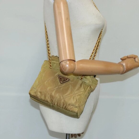 PRADA Chain Shoulder Bag Nylon Beige Gold Auth - Picture 1 of 15
